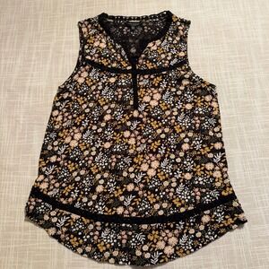 Lucky Brand Womens Black Floral Crochet Lace Sleeveless Henley Top Medium
